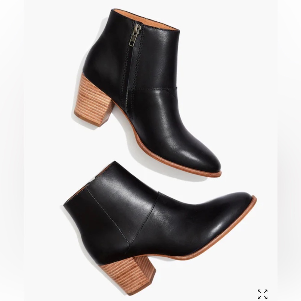 Madewell The Rosie Ankle Boot 9.5 True Black Leather Upper W/ Wood Block Heel